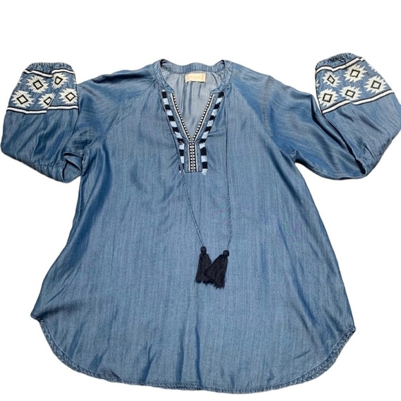 Altar’d State chambray boho festival artsy embroidery tassels popover tunic Med - Picture 2 of 16
